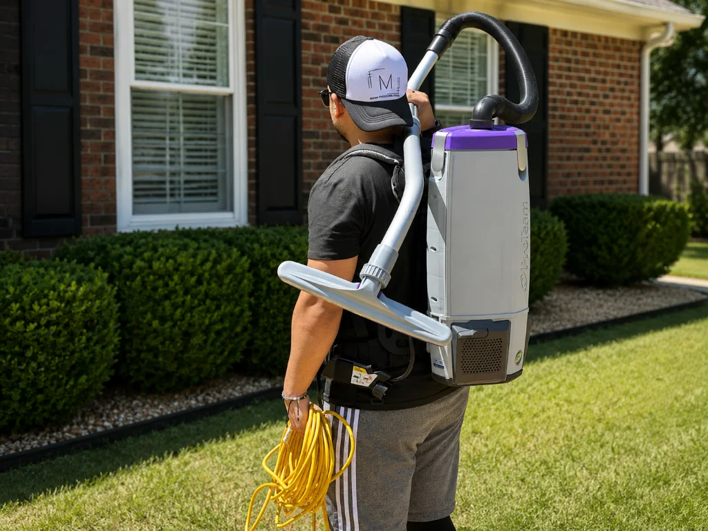 Team member with backpack vacuum arriving at a residential property.